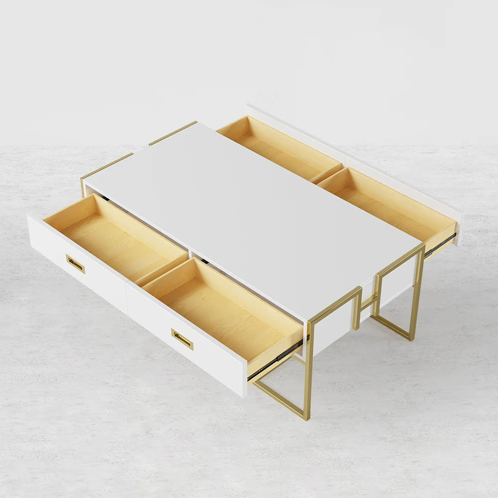 Jocise Modern White Rectangular Coffee Table with Drawers Lacquer Gold Base - 