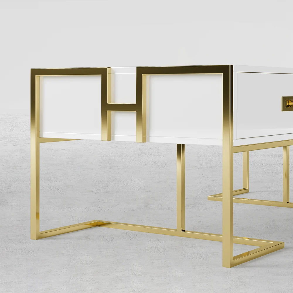 Jocise Modern White Rectangular Coffee Table with Drawers Lacquer Gold Base - 