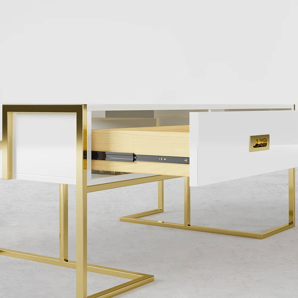 Jocise Modern White Rectangular Coffee Table with Drawers Lacquer Gold Base - 