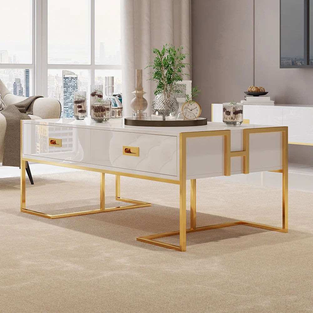 Jocise Modern White Rectangular Coffee Table with Drawers Lacquer Gold Base - 
