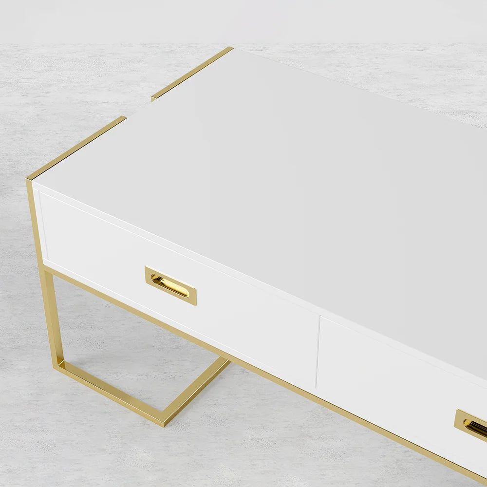 Jocise Modern White Rectangular Coffee Table with Drawers Lacquer Gold Base - 