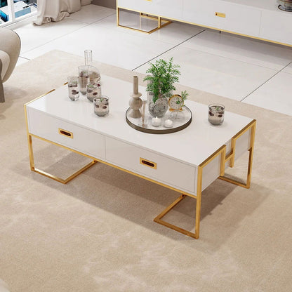 Jocise Modern White Rectangular Coffee Table with Drawers Lacquer Gold Base - 