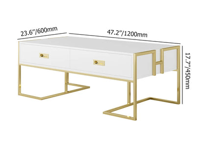 Jocise Modern White Rectangular Coffee Table with Drawers Lacquer Gold Base - 