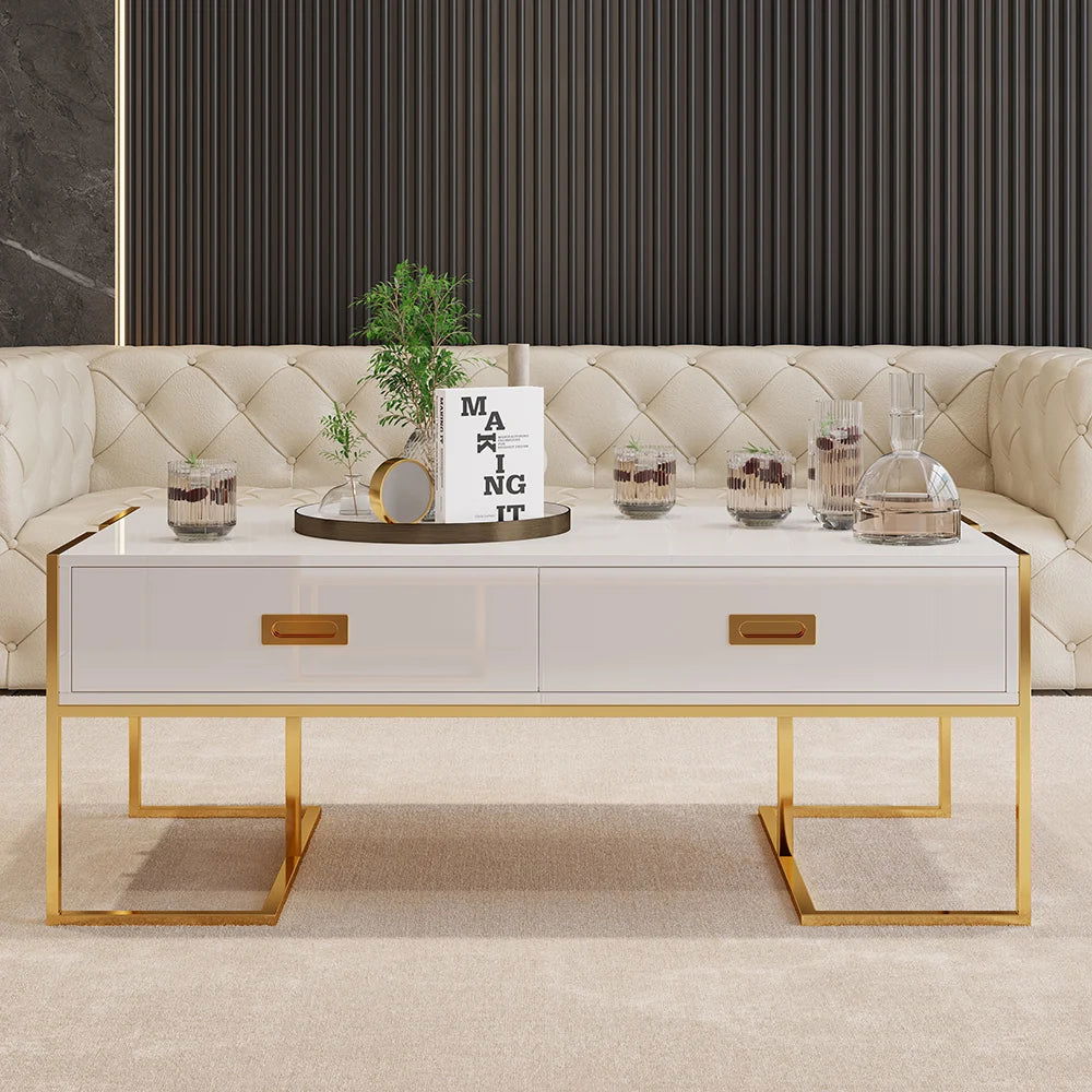Jocise Modern White Rectangular Coffee Table with Drawers Lacquer Gold Base - Homary