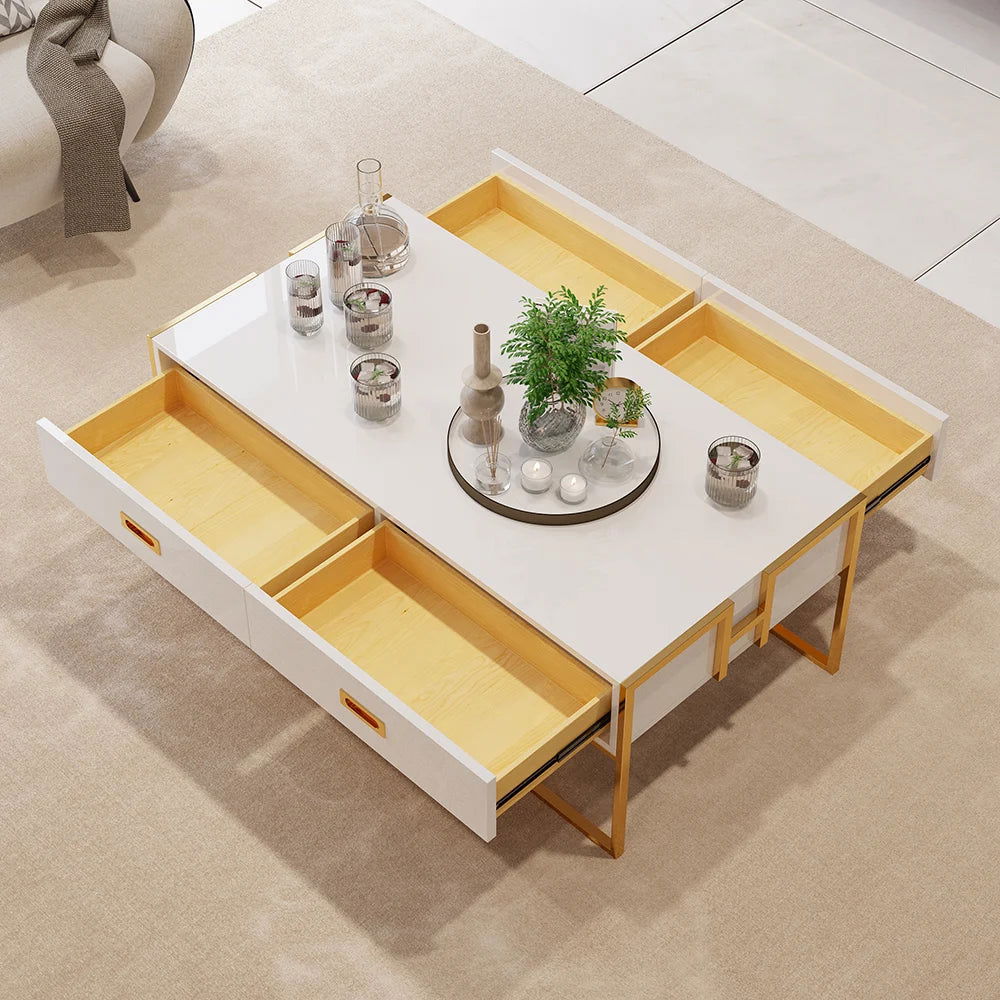 Jocise Modern White Rectangular Coffee Table with Drawers Lacquer Gold Base - Homary