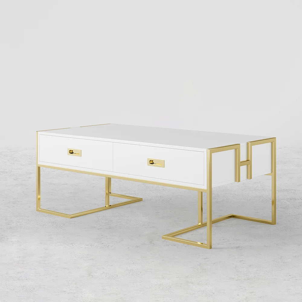 Jocise Modern White Rectangular Coffee Table with Drawers Lacquer Gold Base - Homary