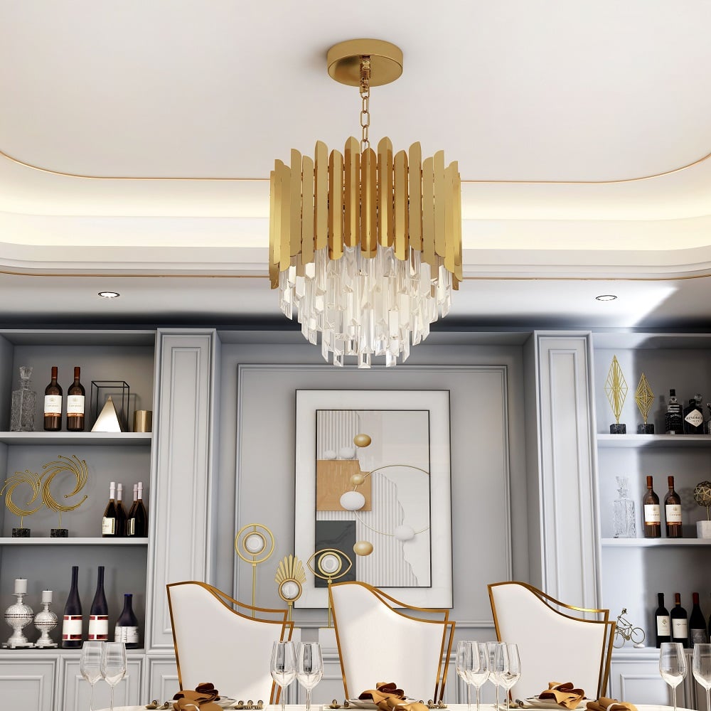 Kitoney Modern Gold 3-Light Tiered Crystal Chandelier for Living Room and Dining Room - 
