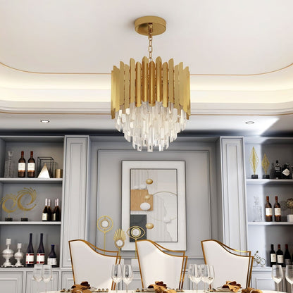 Kitoney Modern Gold 3-Light Tiered Crystal Chandelier for Living Room and Dining Room - 