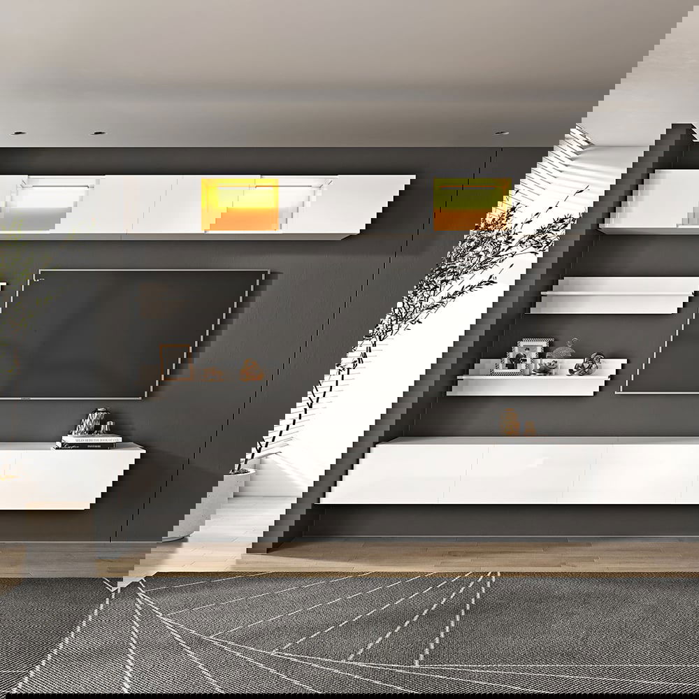 LED Floating Entertainment Center Wood TV Stand Wall Mount Unit Set in White - 