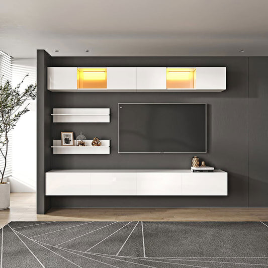 LED Floating Entertainment Center Wood TV Stand Wall Mount Unit Set in White - 