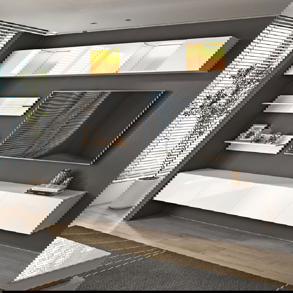 LED Floating Entertainment Center Wood TV Stand Wall Mount Unit Set in White - 