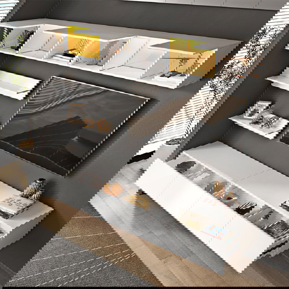 LED Floating Entertainment Center Wood TV Stand Wall Mount Unit Set in White - 