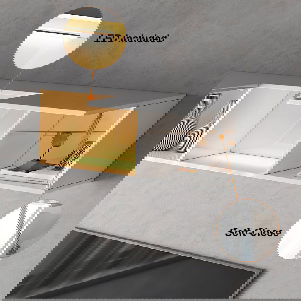 LED Floating Entertainment Center Wood TV Stand Wall Mount Unit Set in White - 