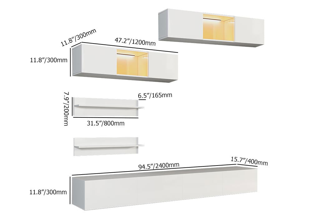 LED Floating Entertainment Center Wood TV Stand Wall Mount Unit Set in White - 