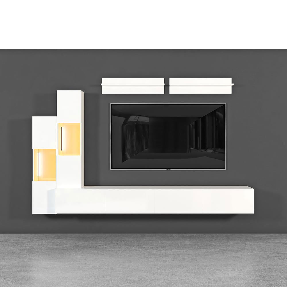 LED Floating Entertainment Center Wood TV Stand Wall Mount Unit Set in White - 