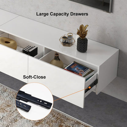 LED Floating Entertainment Center Wood TV Stand Wall Mount Unit Set in White - 