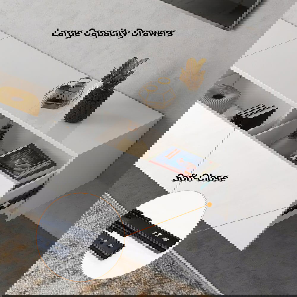 LED Floating Entertainment Center Wood TV Stand Wall Mount Unit Set in White - 