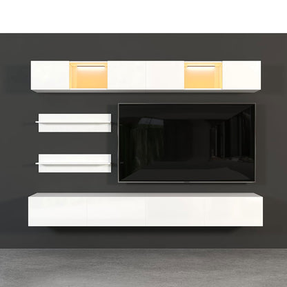 LED Floating Entertainment Center Wood TV Stand Wall Mount Unit Set in White - 