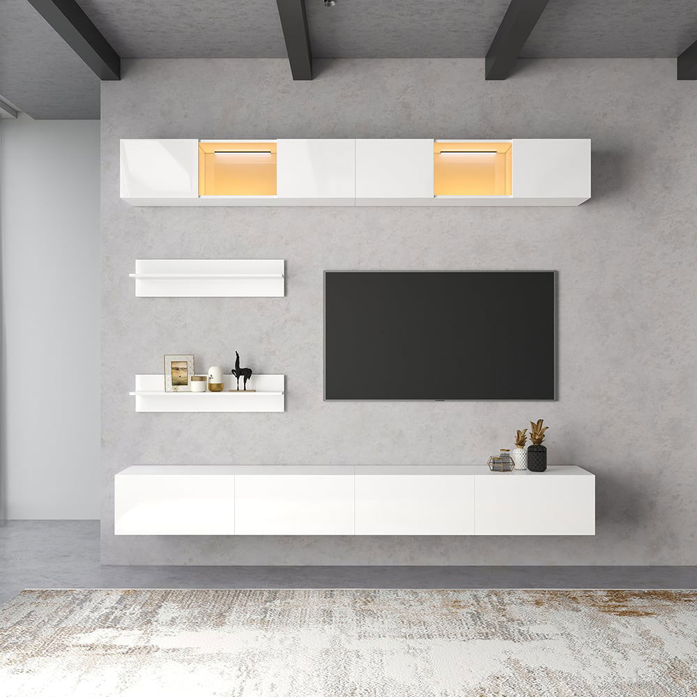 LED Floating Entertainment Center Wood TV Stand Wall Mount Unit Set in White - Approved By Design