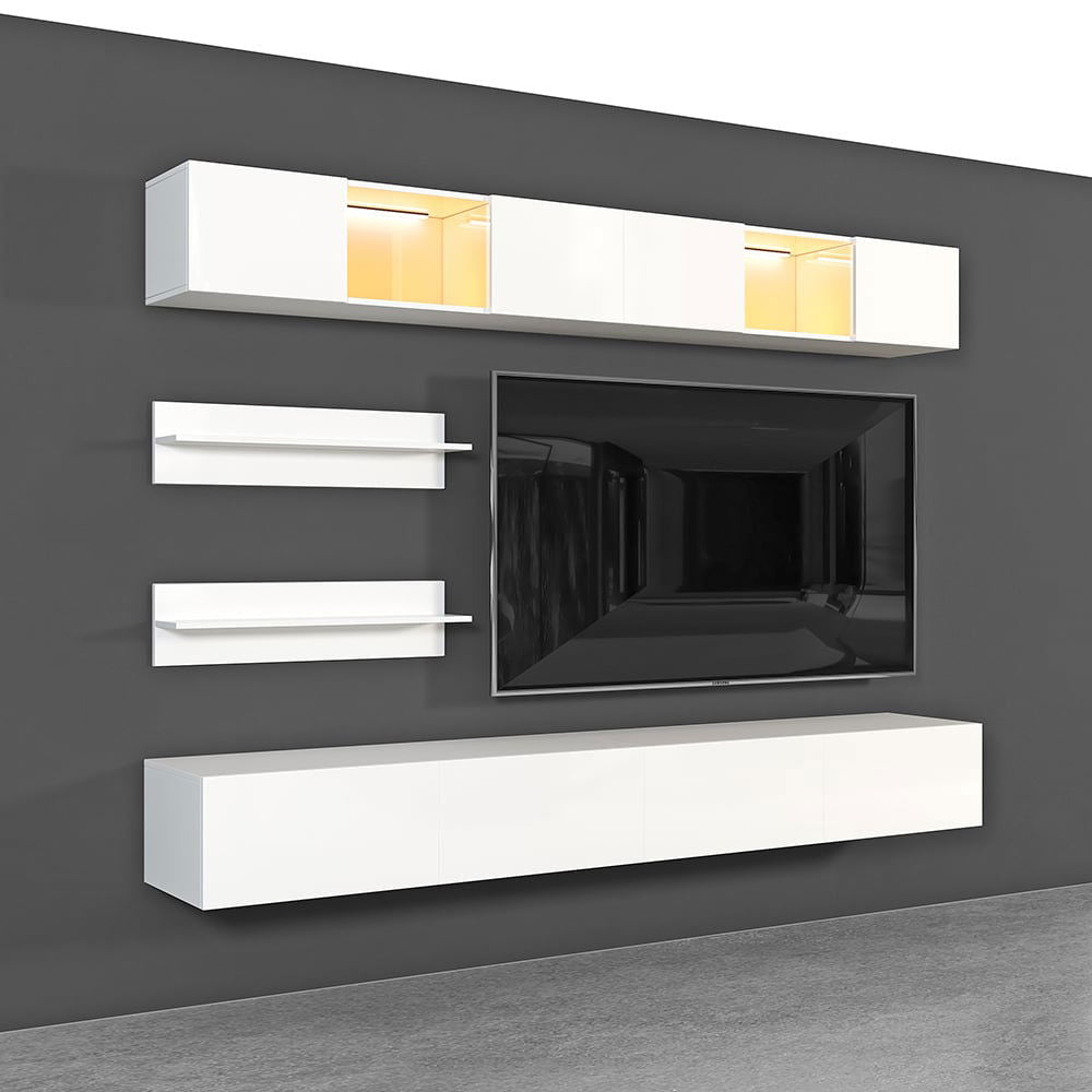 LED Floating Entertainment Center Wood TV Stand Wall Mount Unit Set in White - Approved By Design