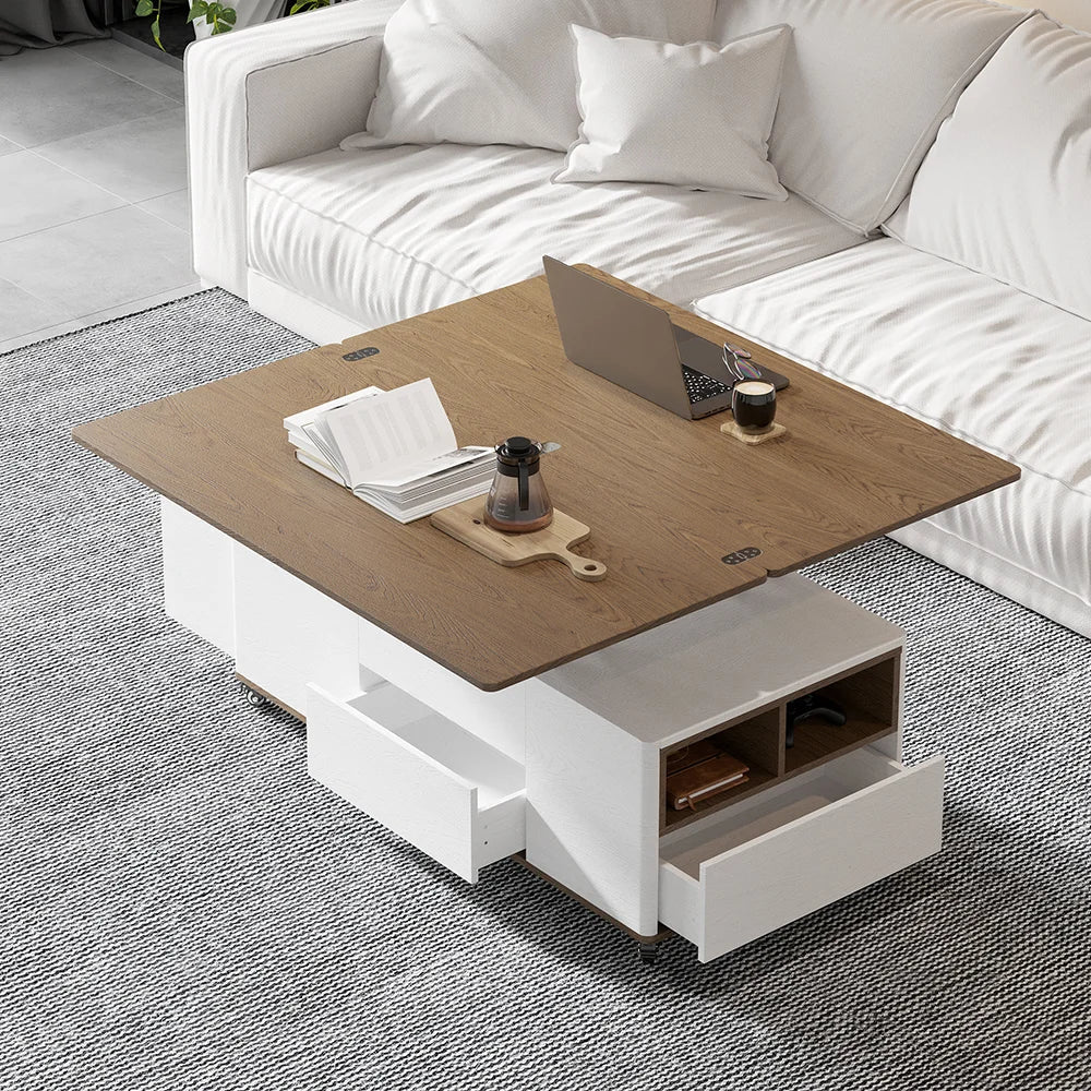 Lift Top Coffee Table Multifunctional Walnut and White Table with Drawers and Shelves - 