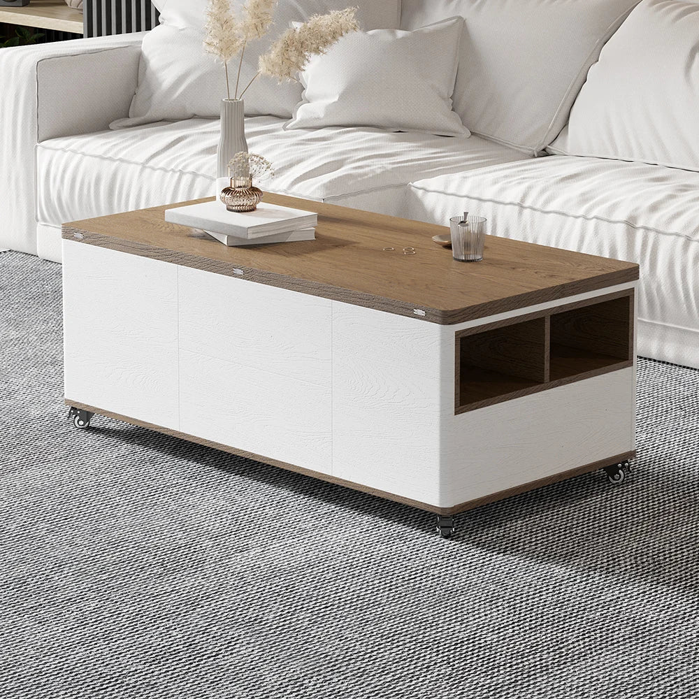 Lift Top Coffee Table Multifunctional Walnut and White Table with Drawers and Shelves - 