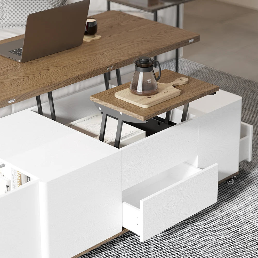 Lift Top Coffee Table Multifunctional Walnut and White Table with Drawers and Shelves - 