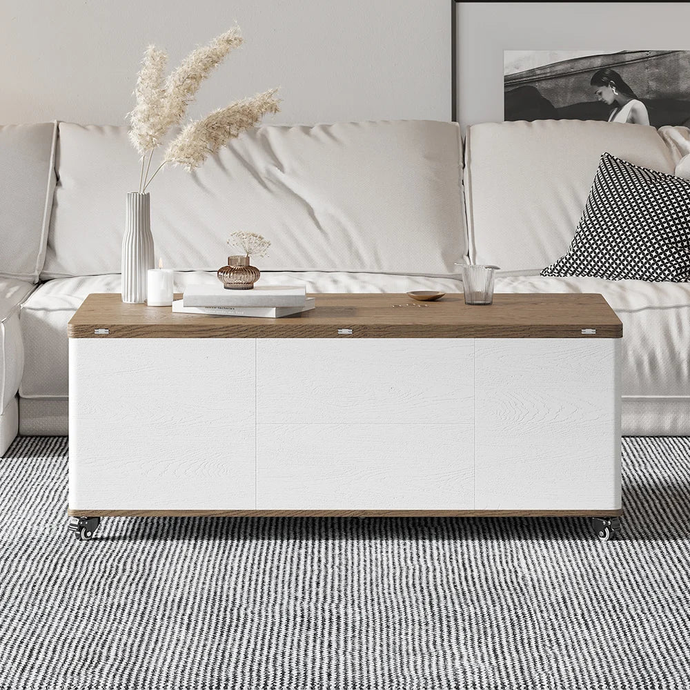 Lift Top Coffee Table Multifunctional Walnut and White Table with Drawers and Shelves - 