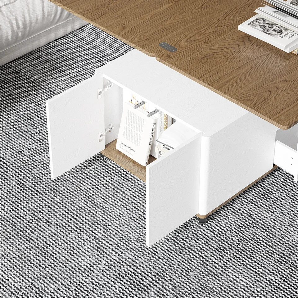 Lift Top Coffee Table Multifunctional Walnut and White Table with Drawers and Shelves - 