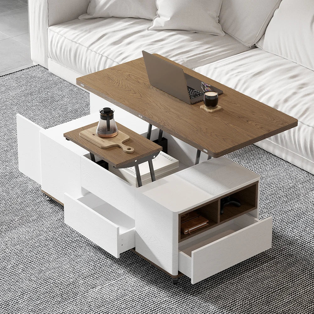 Lift Top Coffee Table Multifunctional Walnut and White Table with Drawers and Shelves - Homary