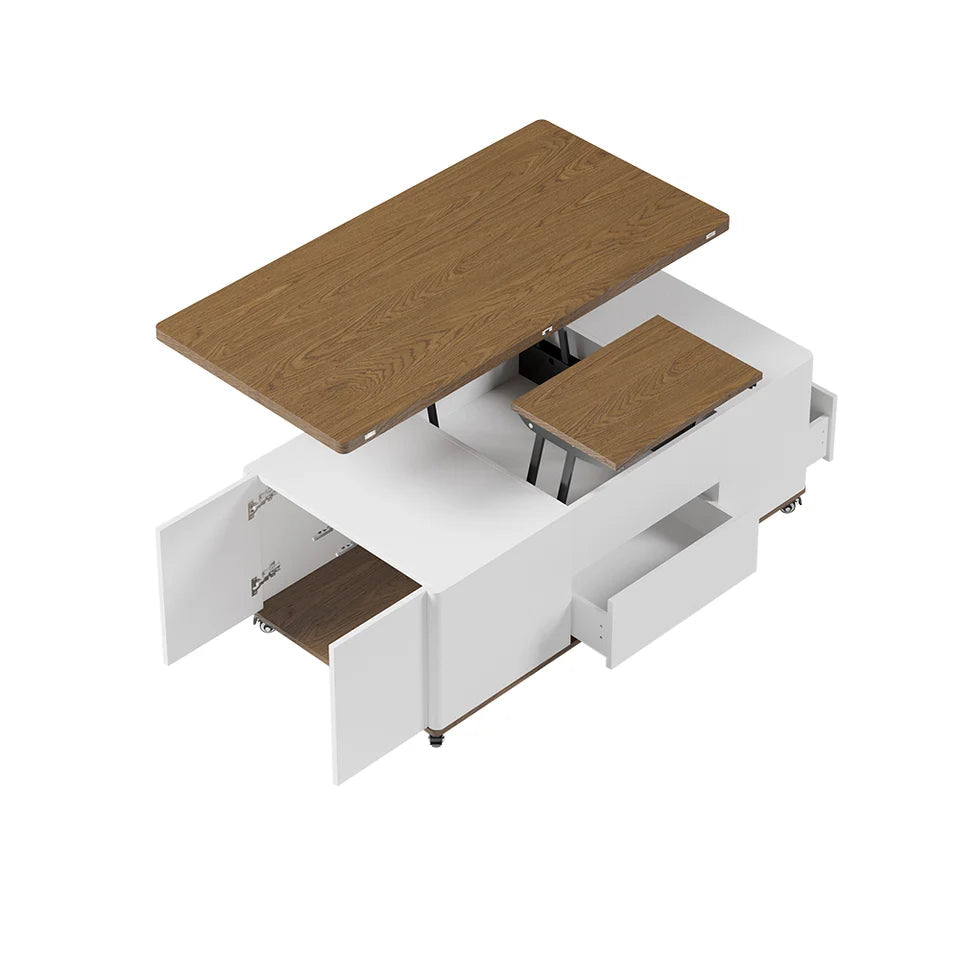 Lift Top Coffee Table Multifunctional Walnut and White Table with Drawers and Shelves - Homary