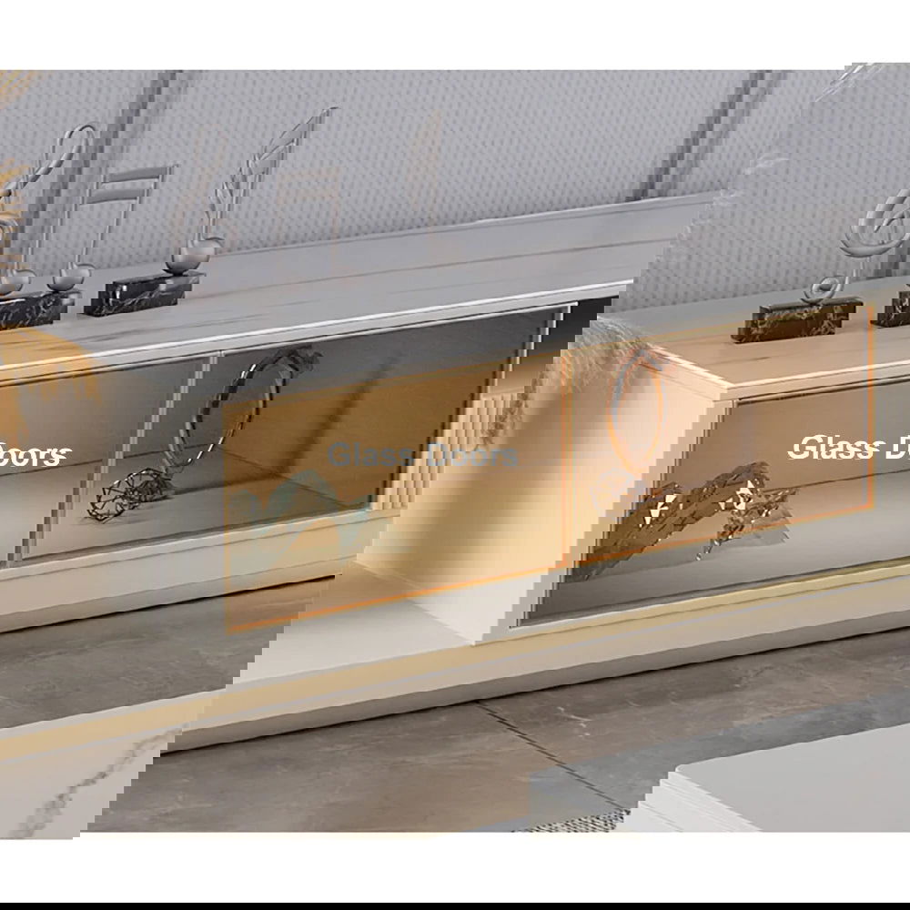 Light Khaki Modern Extendable TV Stand Glass Door Media Console with LED Light & Drawer - 