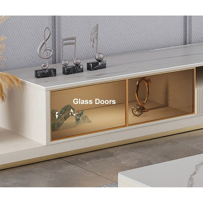 Light Khaki Modern Extendable TV Stand Glass Door Media Console with LED Light & Drawer - 