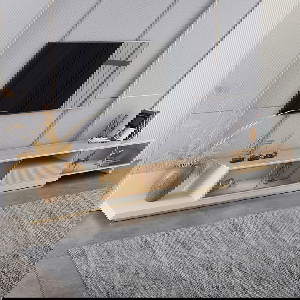 Light Khaki Modern Extendable TV Stand Glass Door Media Console with LED Light & Drawer - Homary