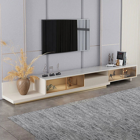 Light Khaki Modern Extendable TV Stand Glass Door Media Console with LED Light & Drawer - Homary