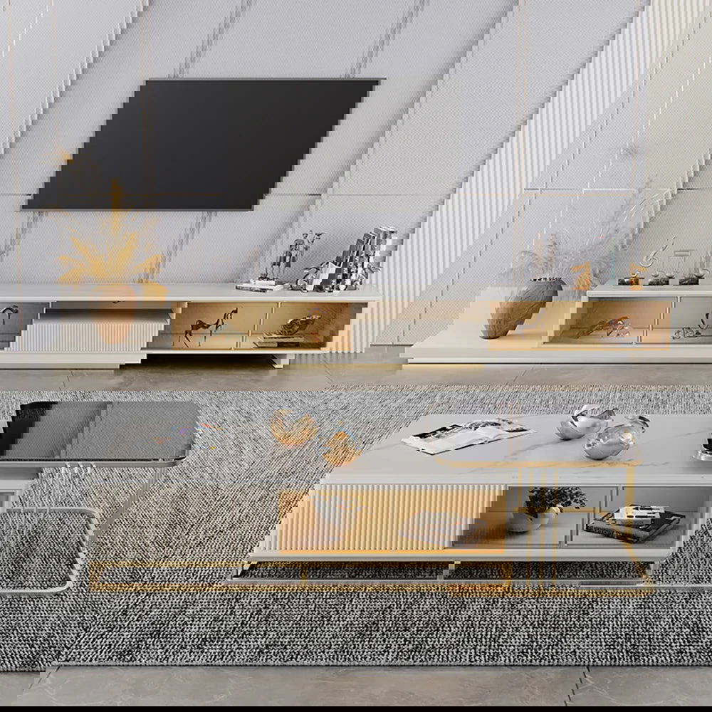 Light Khaki Modern Extendable TV Stand Glass Door Media Console with LED Light & Drawer - Homary