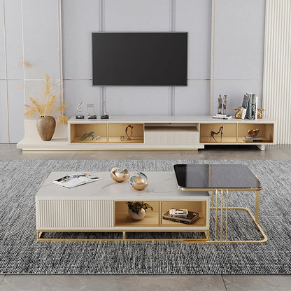 Light Khaki Modern Extendable TV Stand Glass Door Media Console with LED Light & Drawer - Homary