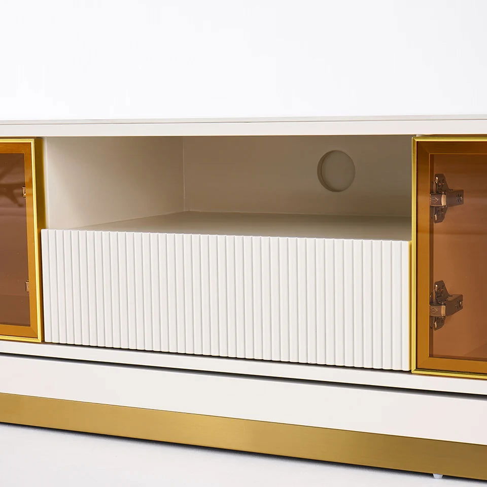 Light Khaki Modern Extendable TV Stand Glass Door Media Console with LED Light & Drawer - Homary