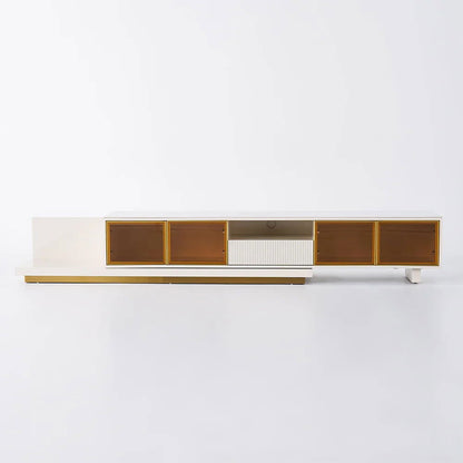 Light Khaki Modern Extendable TV Stand Glass Door Media Console with LED Light & Drawer - Homary