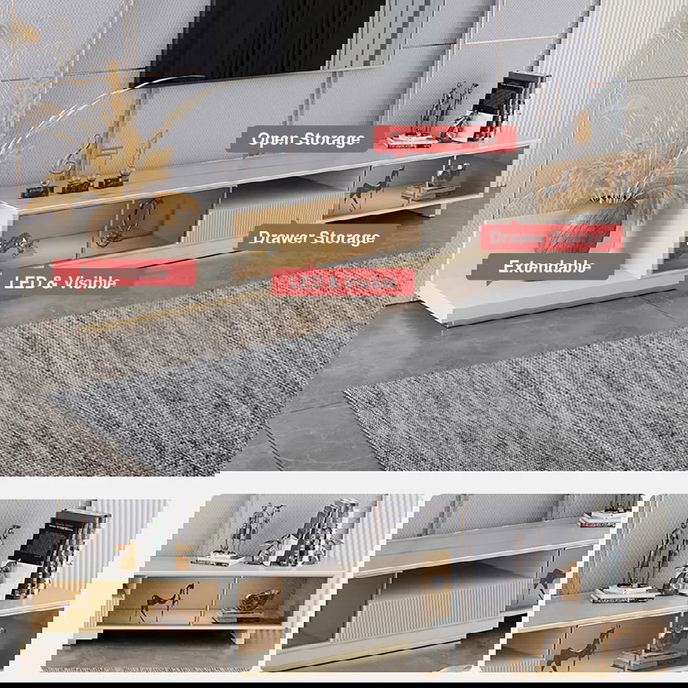 Light Khaki Modern Extendable TV Stand Glass Door Media Console with LED Light & Drawer - Homary