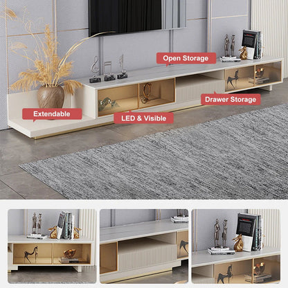 Light Khaki Modern Extendable TV Stand Glass Door Media Console with LED Light & Drawer - Homary