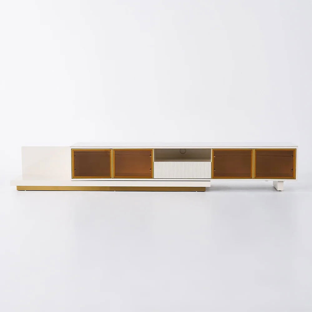 Light Khaki Modern Extendable TV Stand Glass Door Media Console with LED Light & Drawer - Homary