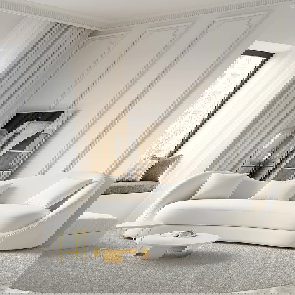 Luxury 2130mm Off White Velvet Upholstered Sofa 3-Seater Sofa Solid Wood Frame - 