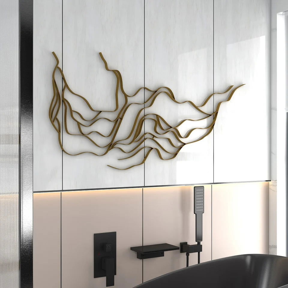 Luxury Abstract Wavy Lines Wall Decor Irregular Metal Wall Art in Gold for Living Room - 