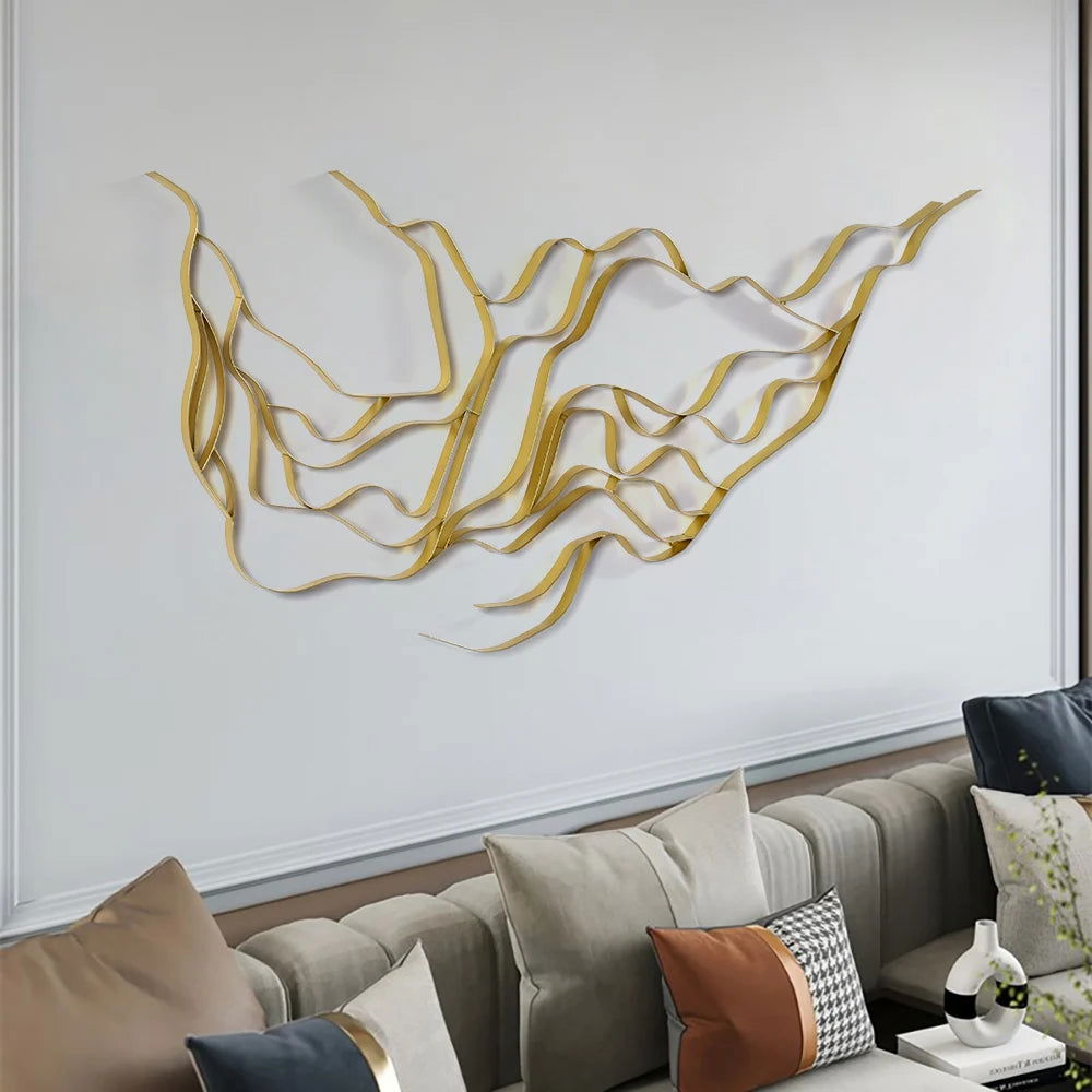 Luxury Abstract Wavy Lines Wall Decor Irregular Metal Wall Art in Gold for Living Room - 