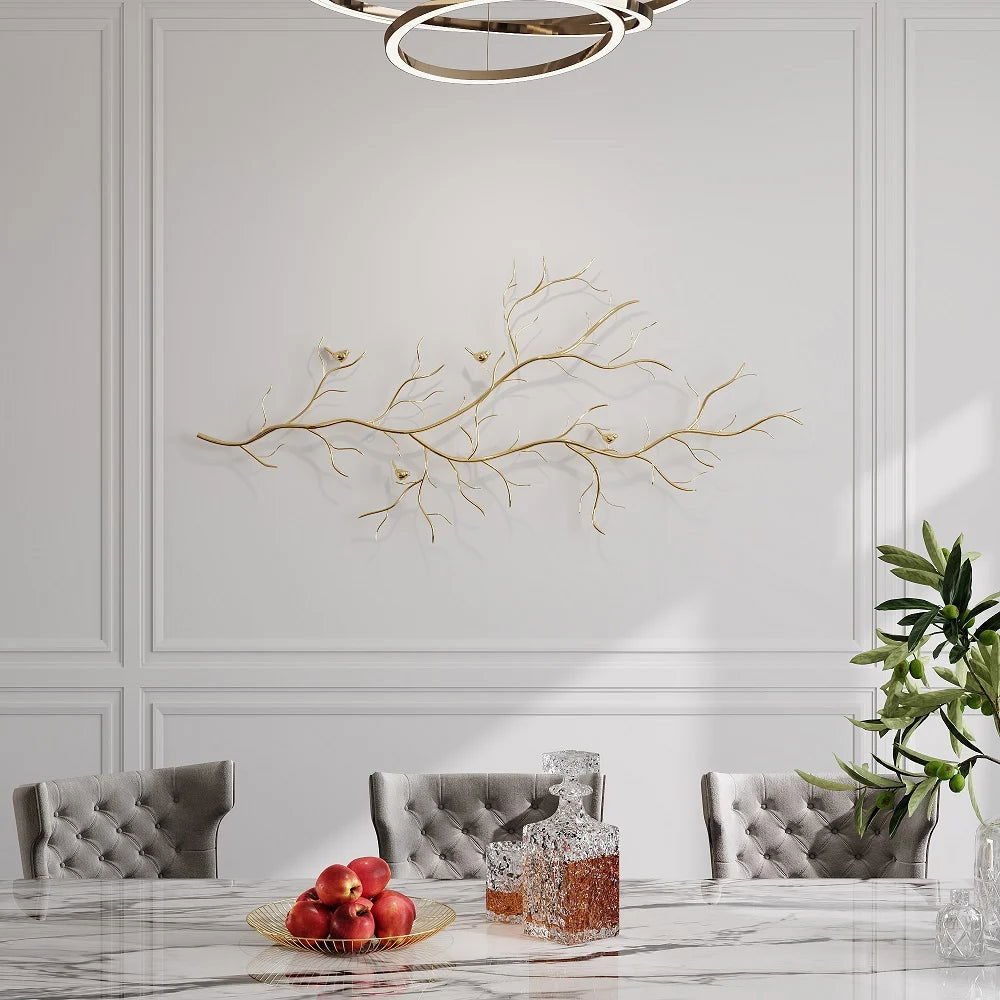 Luxury Creative Metal Branch & Birds Wall Decor Home Art in Gold in Living Room - 