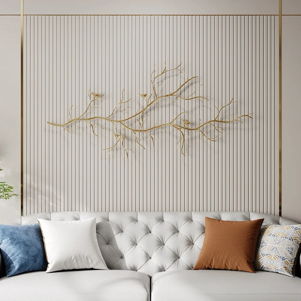 Luxury Creative Metal Branch & Birds Wall Decor Home Art in Gold in Living Room - 