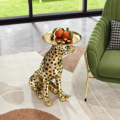 Luxury Gold Leopard Accent Side Table with Tray Top Resin Panther End Table Drink Table - 