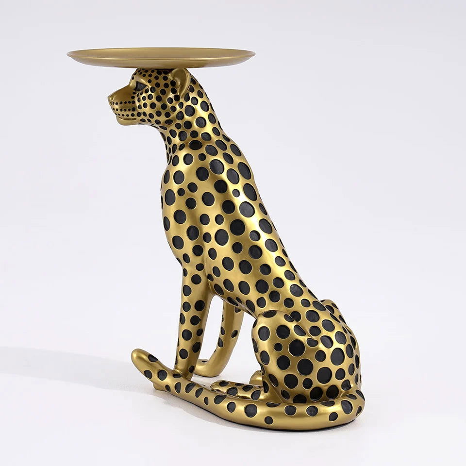Luxury Gold Leopard Accent Side Table with Tray Top Resin Panther End Table Drink Table - 