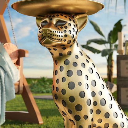 Luxury Gold Leopard Accent Side Table with Tray Top Resin Panther End Table Drink Table - 